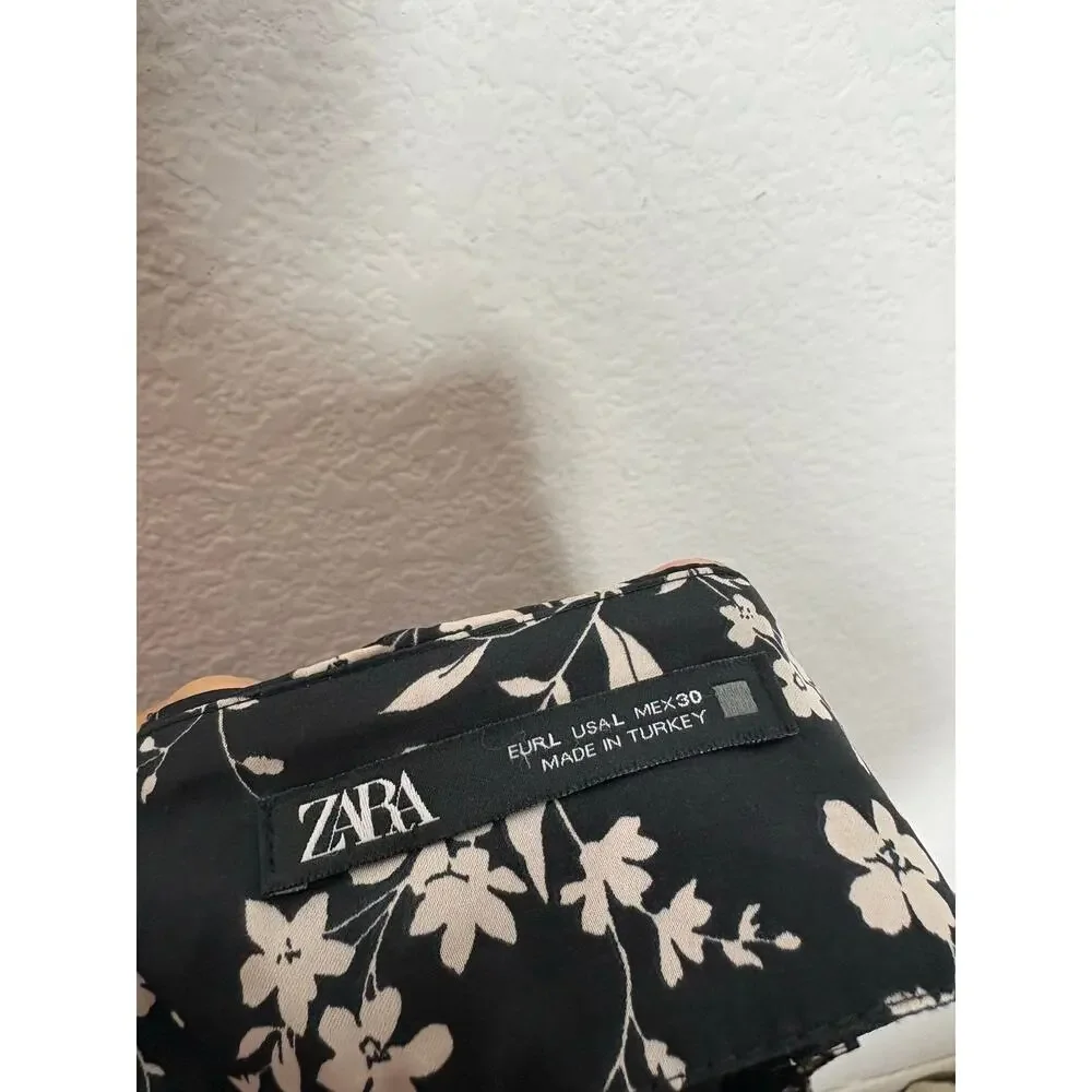 Zara Black Floral Satin Midi Skirt Size Large Side Knot Lightweight 2492/063